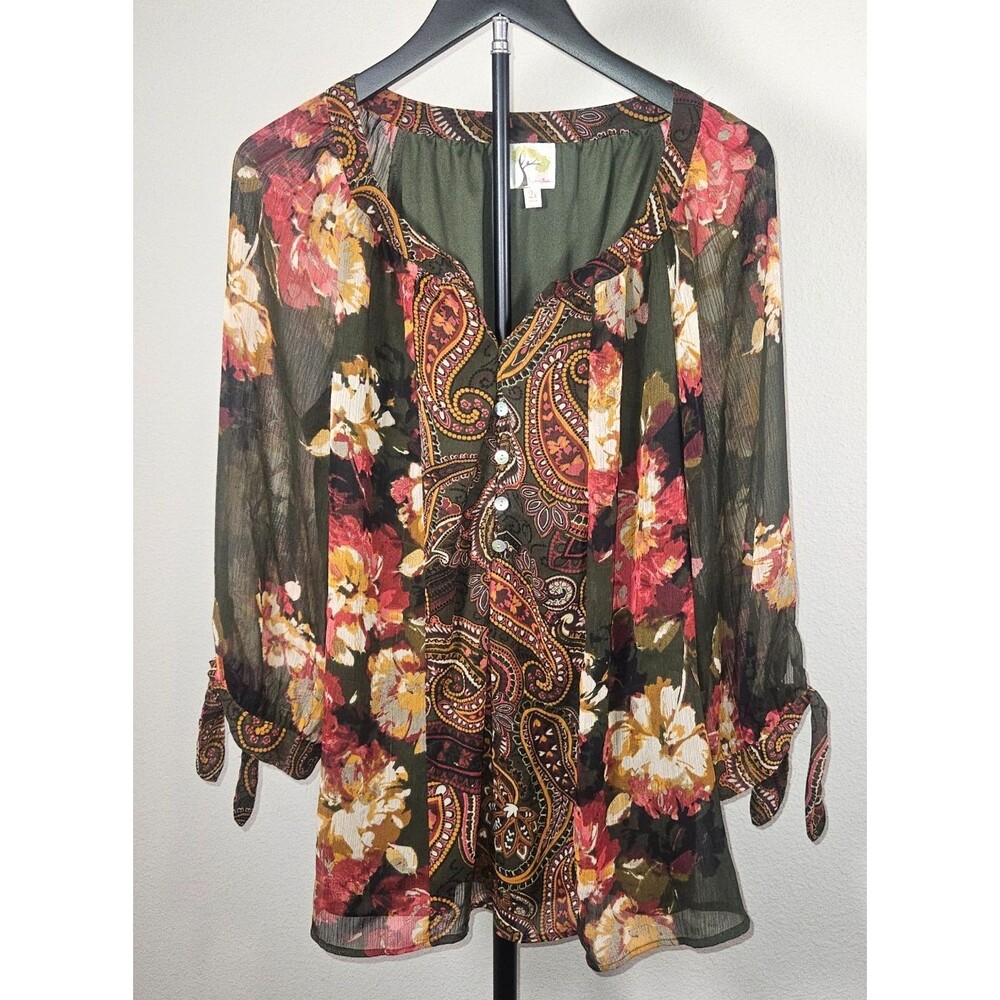 Fig And Flower Womens 2X Floral Paisley Boho Peasant Blouse Sheer Tunic Top